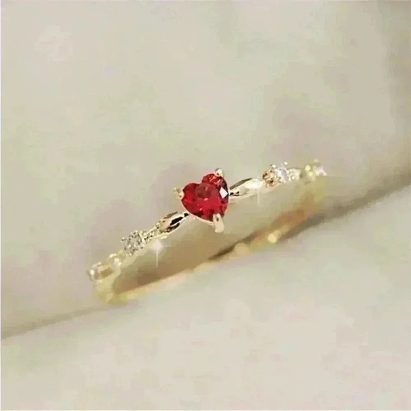 New Beautiful 14k Gold Plated Dainty Ruby Heart With White Sapphires Ring - Picture 1 of 3